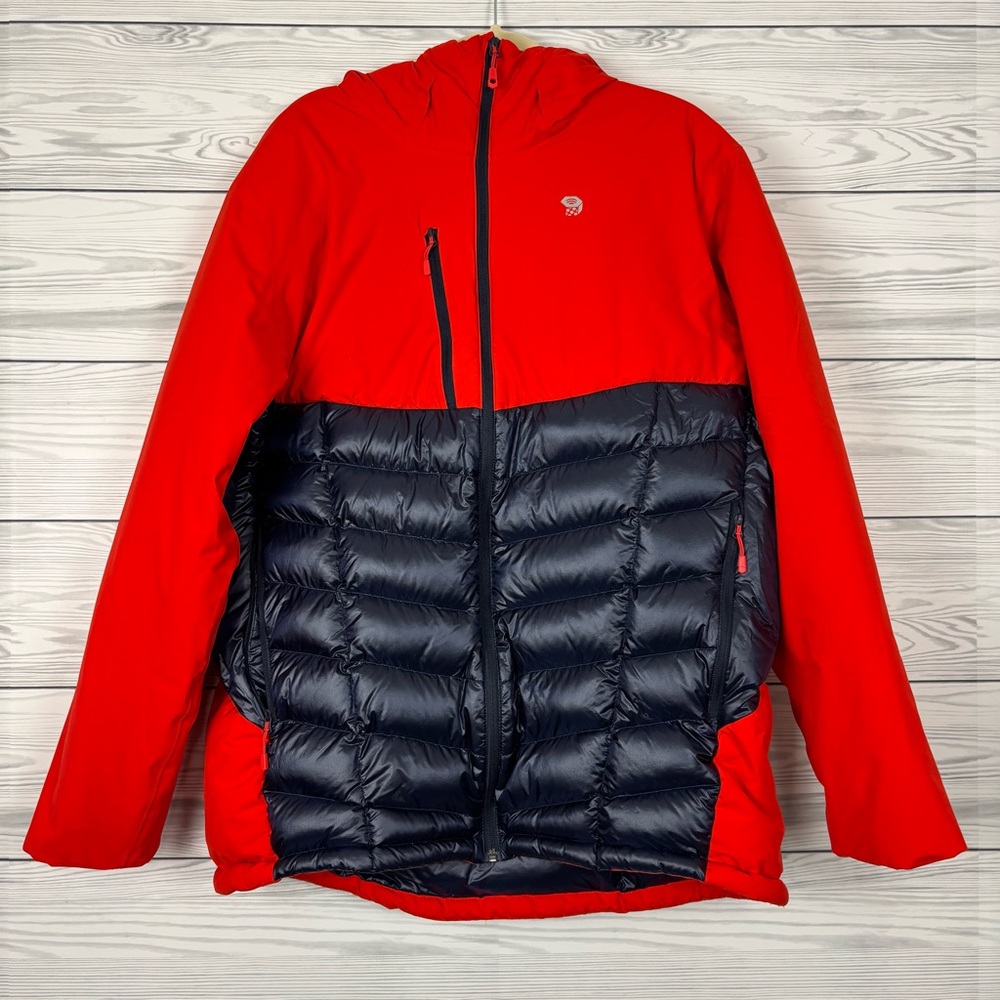 MOUNTAIN HARDWEAR SUPERCHARGER HOODED INSULATED JACKET RED BLUE GOOSE DOWN 2XL